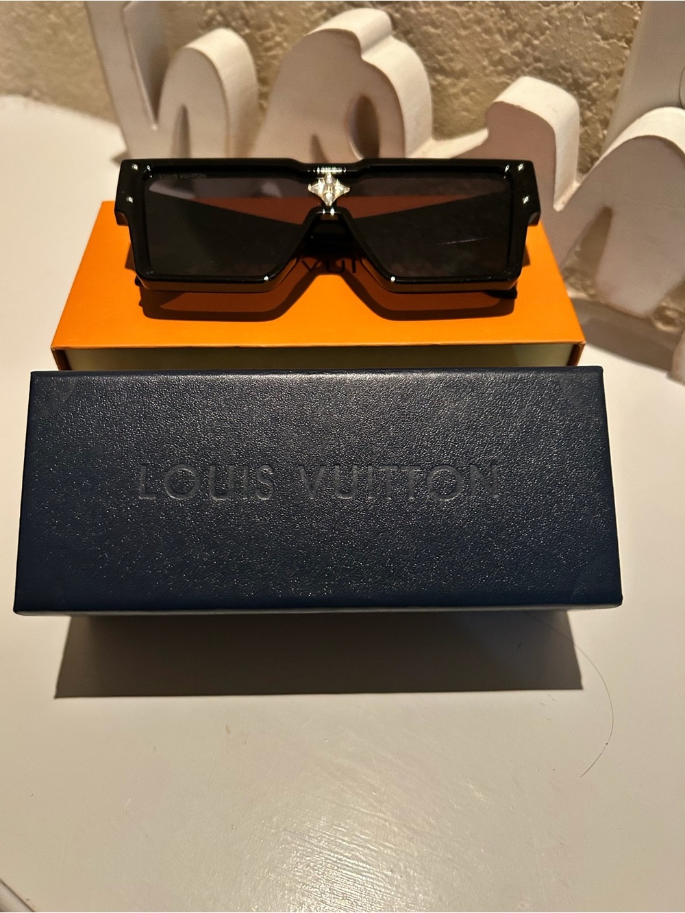Louis Vuitton Black Rectangular Shield Sunglasses with Silver Accent